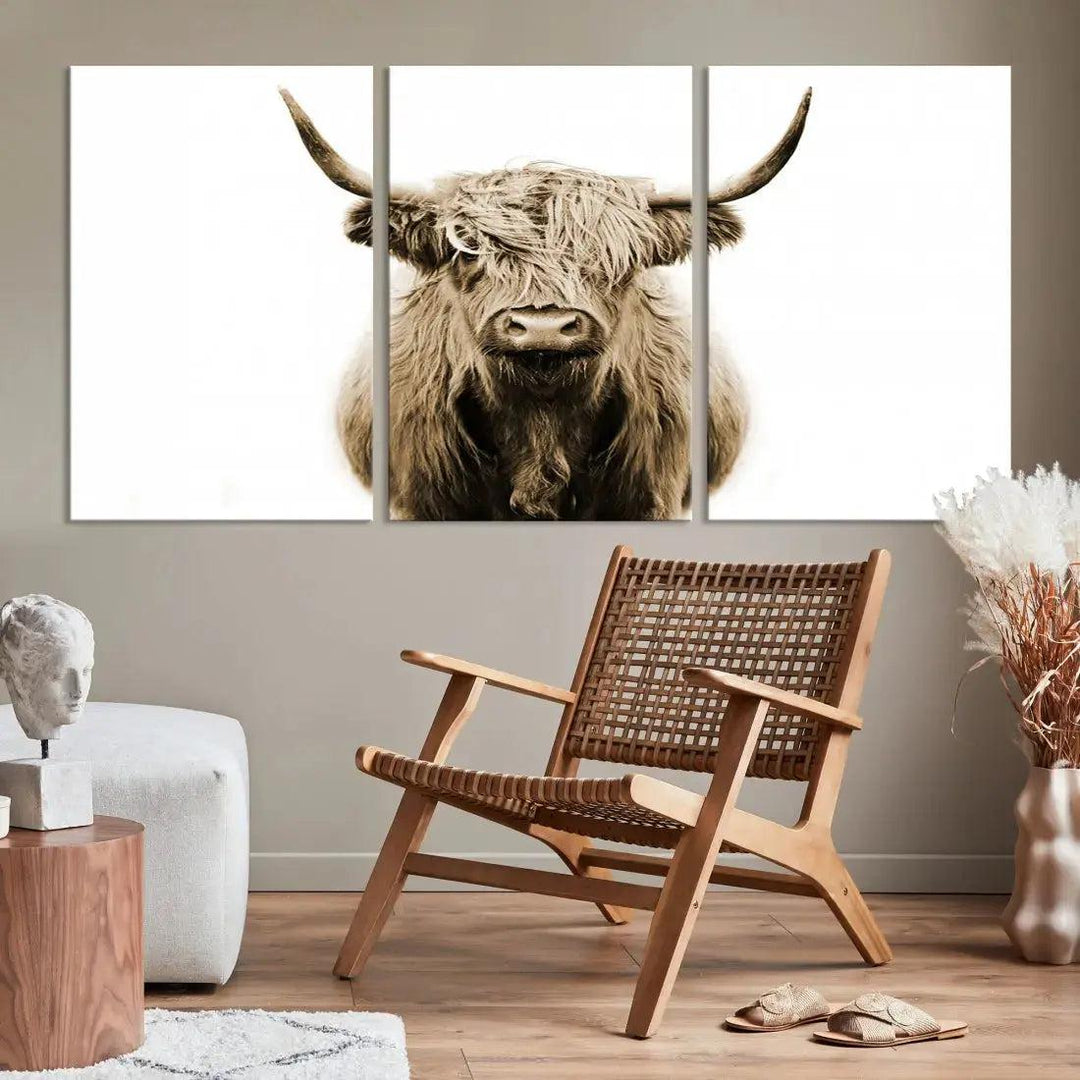 Sepia Scottish Highland Cow to Your Farmhouse with Our Wall Art Canvas Print Rustic Decor