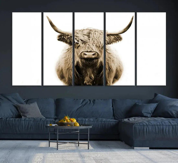 Sepia Scottish Highland Cow to Your Farmhouse with Our Wall Art Canvas Print Rustic Decor