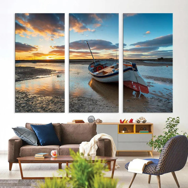 Small Boat At The Beach Sunset Wall Art Extra Large Canvas Print