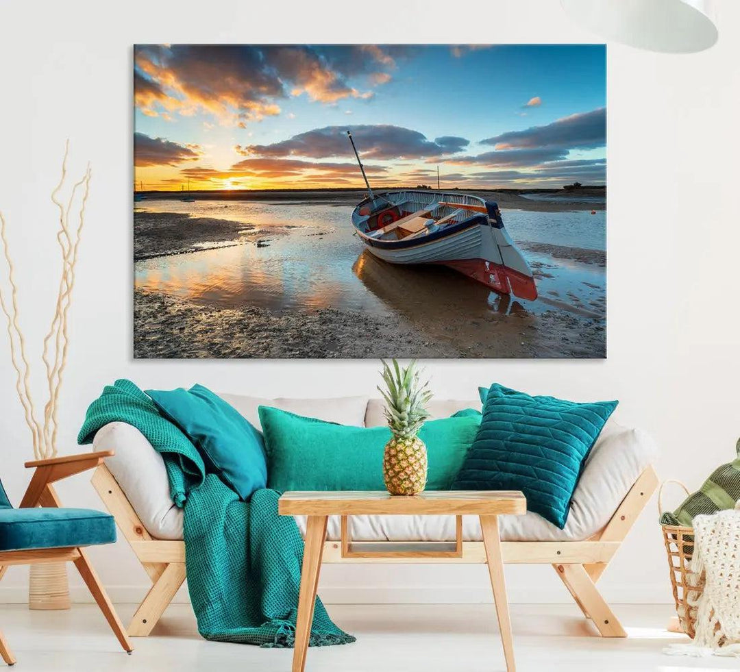 Small Boat At The Beach Sunset Wall Art Extra Large Canvas Print