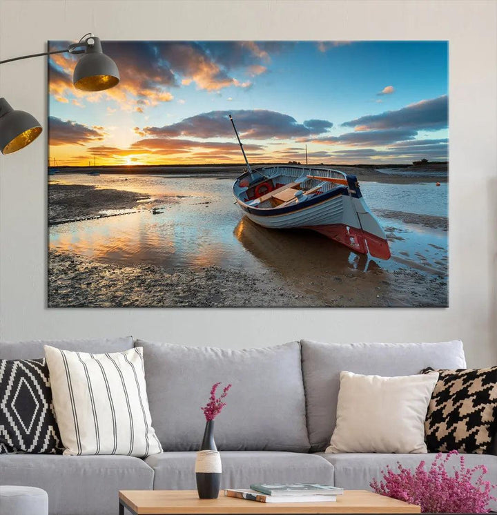 Small Boat At The Beach Sunset Wall Art Extra Large Canvas Print