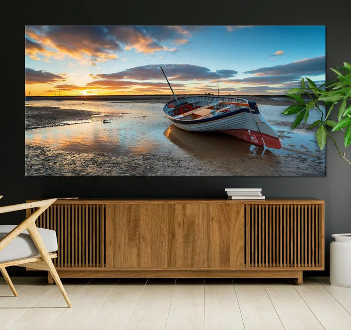 Small Boat At The Beach Sunset Wall Art Extra Large Canvas Print