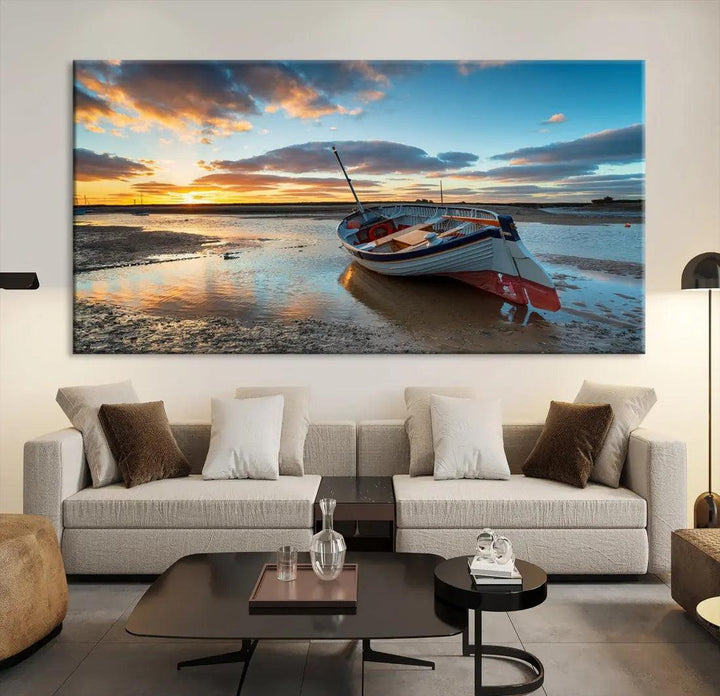 Small Boat At The Beach Sunset Wall Art Extra Large Canvas Print