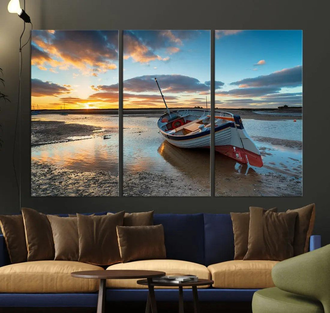 Small Boat At The Beach Sunset Wall Art Extra Large Canvas Print