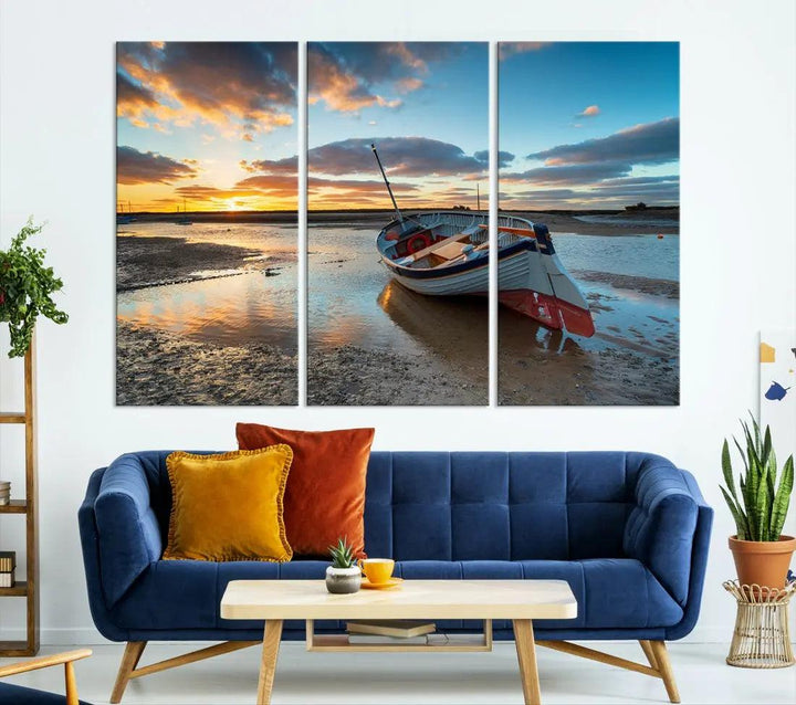 Small Boat At The Beach Sunset Wall Art Extra Large Canvas Print