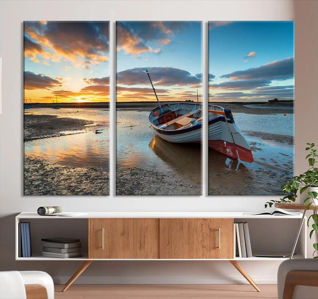 Small Boat At The Beach Sunset Wall Art Extra Large Canvas Print