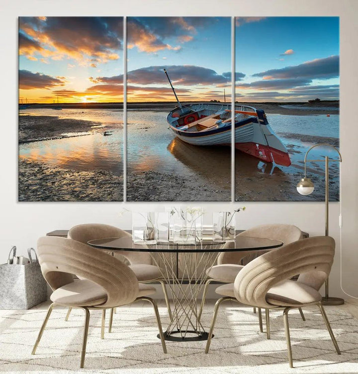 Small Boat At The Beach Sunset Wall Art Extra Large Canvas Print