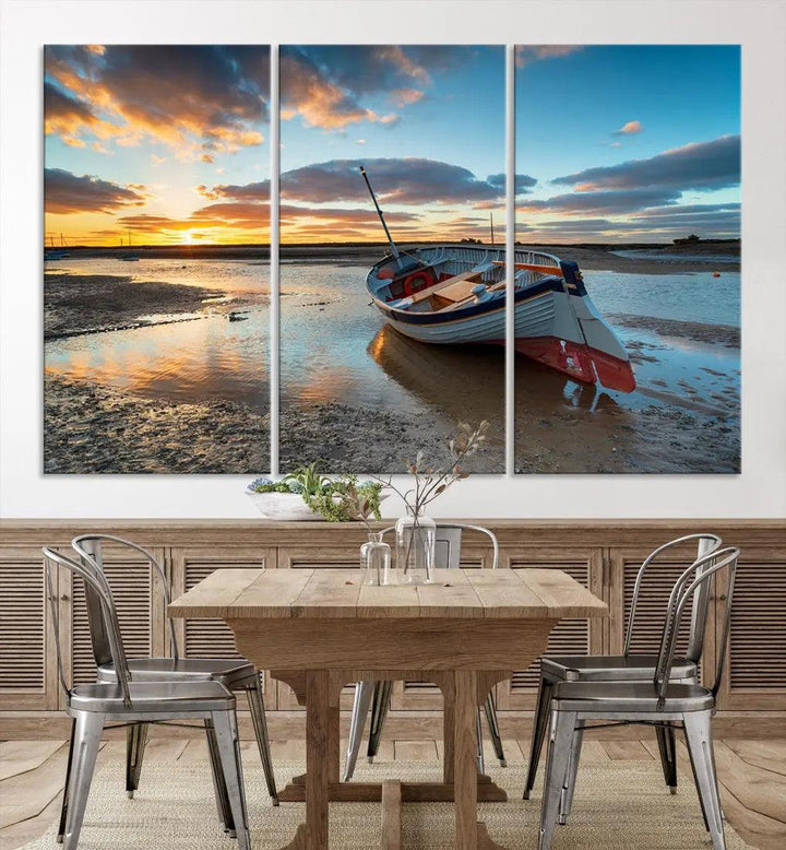 Small Boat At The Beach Sunset Wall Art Extra Large Canvas Print