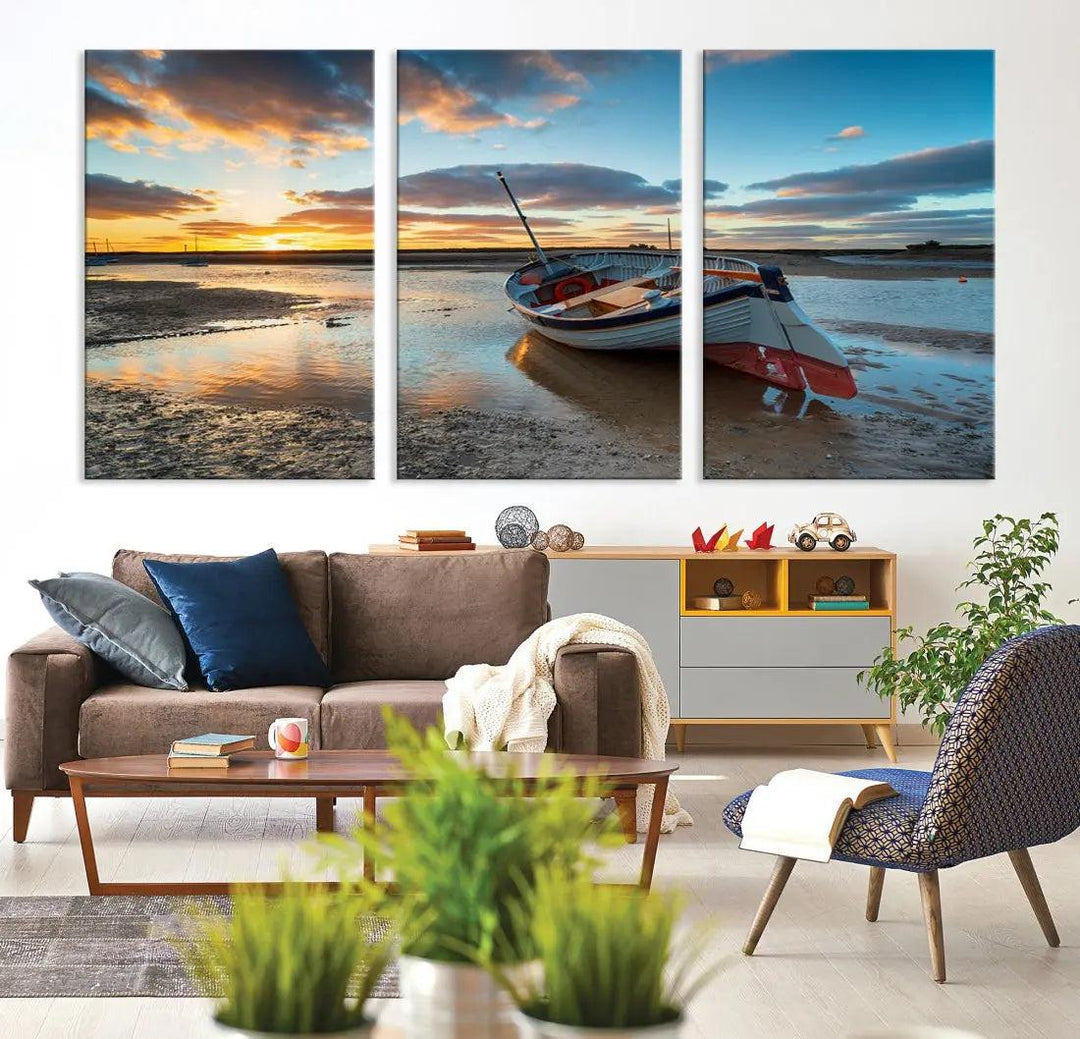 Small Boat At The Beach Sunset Wall Art Extra Large Canvas Print