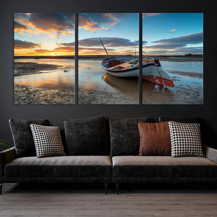 Small Boat At The Beach Sunset Wall Art Extra Large Canvas Print