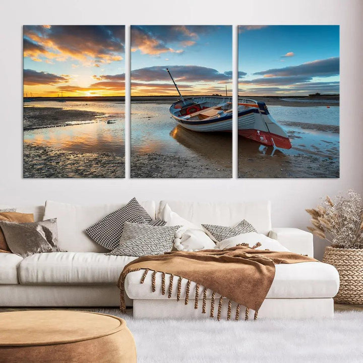 Small Boat At The Beach Sunset Wall Art Extra Large Canvas Print