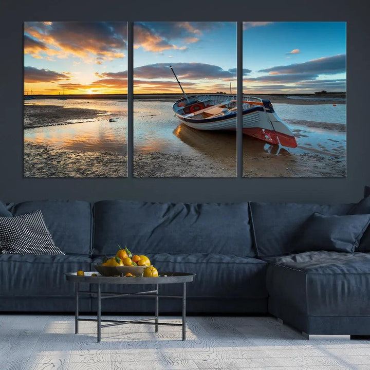 Small Boat At The Beach Sunset Wall Art Extra Large Canvas Print