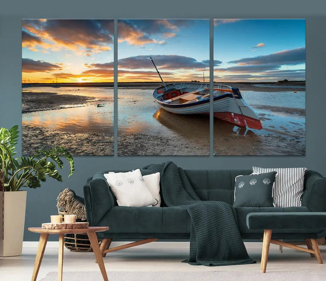 Small Boat At The Beach Sunset Wall Art Extra Large Canvas Print