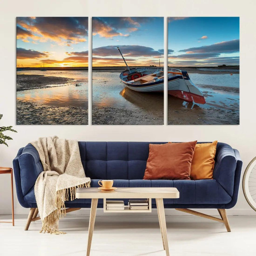 Small Boat At The Beach Sunset Wall Art Extra Large Canvas Print