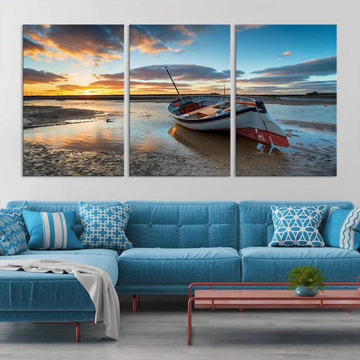 Small Boat At The Beach Sunset Wall Art Extra Large Canvas Print