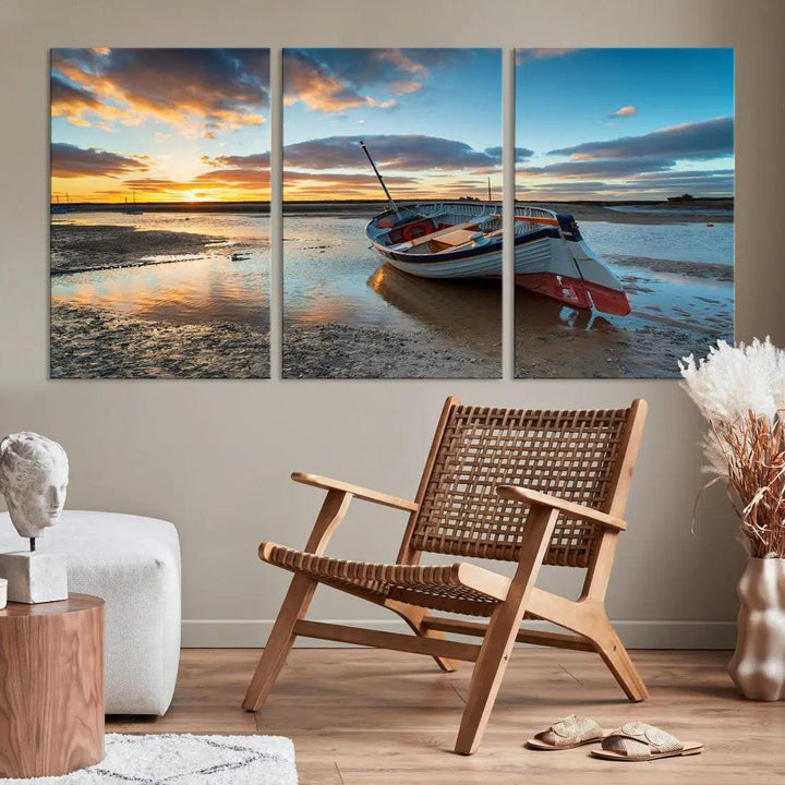 Small Boat At The Beach Sunset Wall Art Extra Large Canvas Print