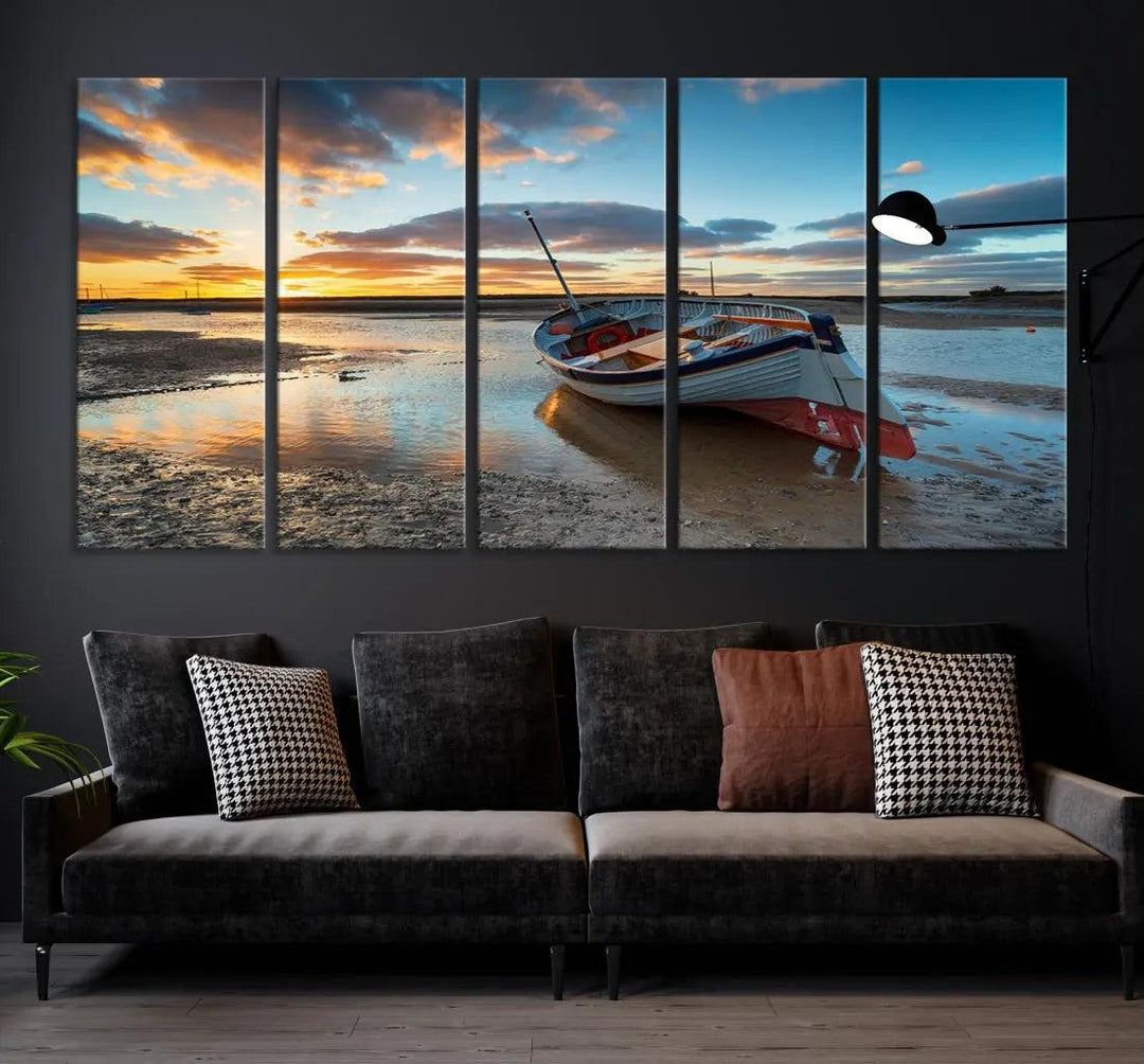 Small Boat At The Beach Sunset Wall Art Extra Large Canvas Print