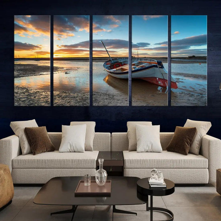 Small Boat At The Beach Sunset Wall Art Extra Large Canvas Print