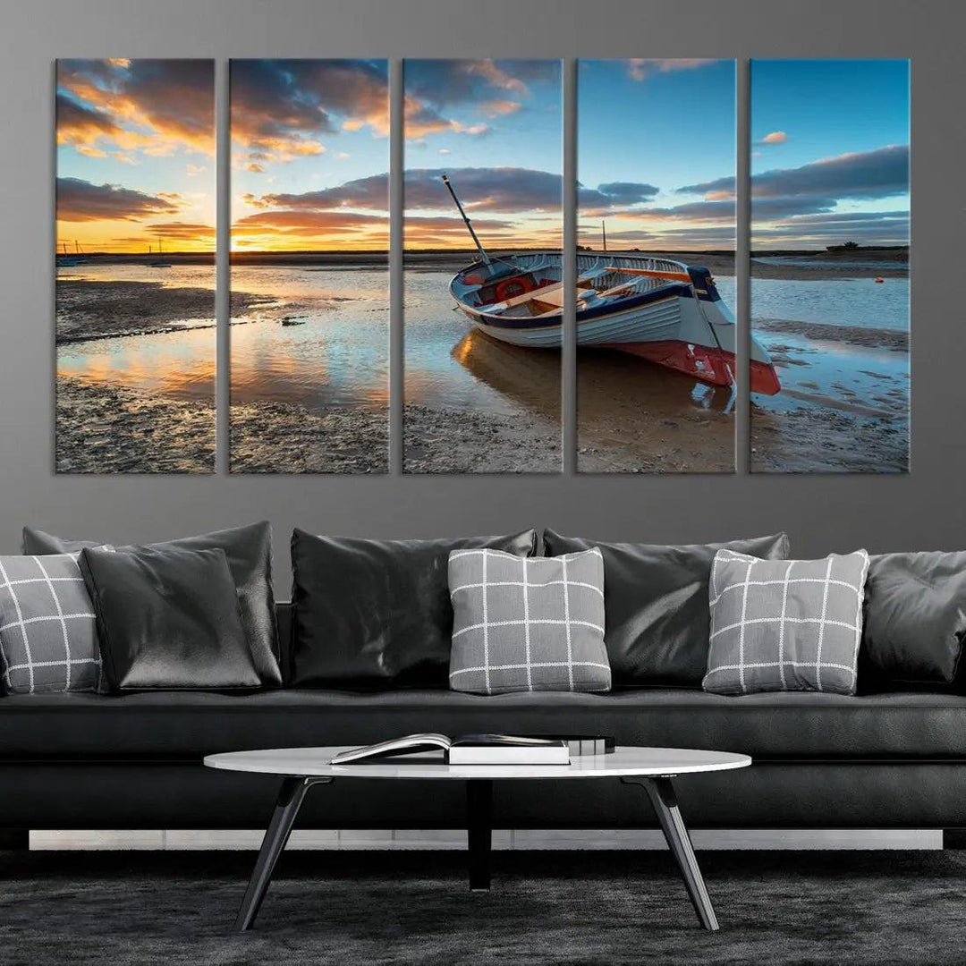 Small Boat At The Beach Sunset Wall Art Extra Large Canvas Print