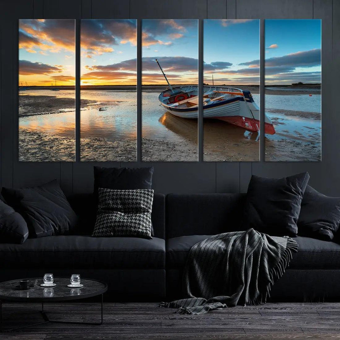 Small Boat At The Beach Sunset Wall Art Extra Large Canvas Print