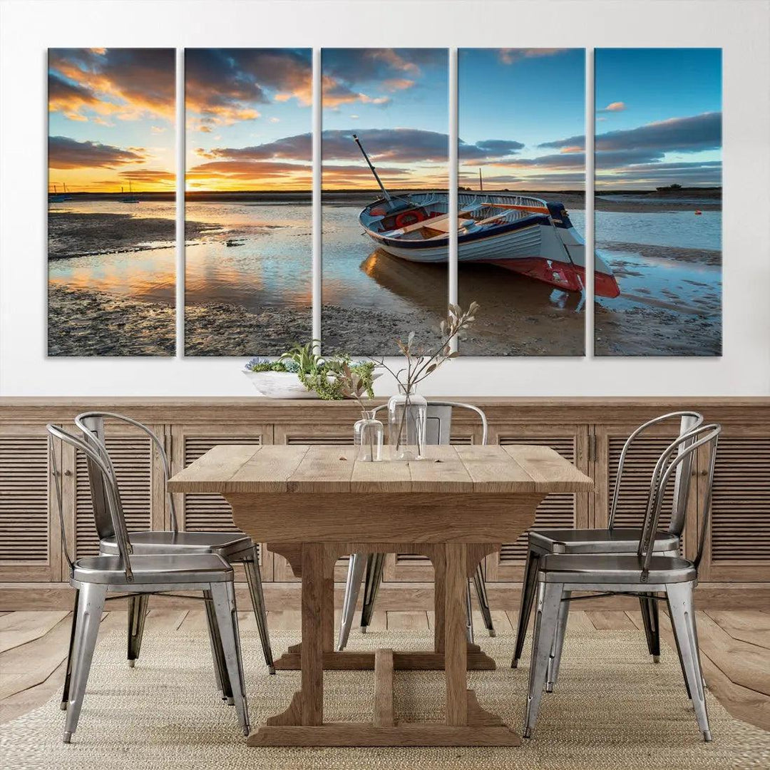 Small Boat At The Beach Sunset Wall Art Extra Large Canvas Print