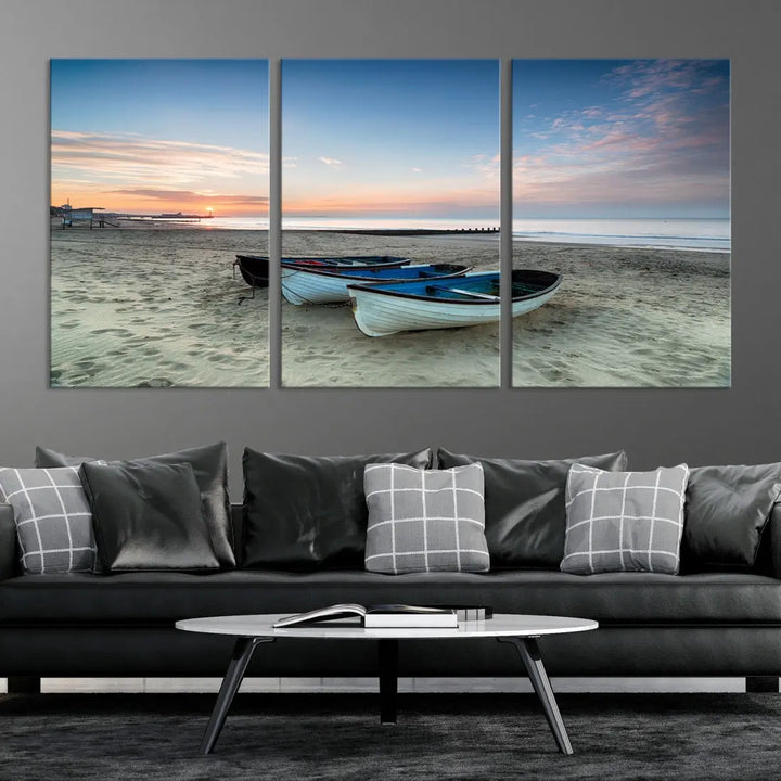 Small Boats on Beach Sunset Wall Art Canvas Print Coastal Wall Decor