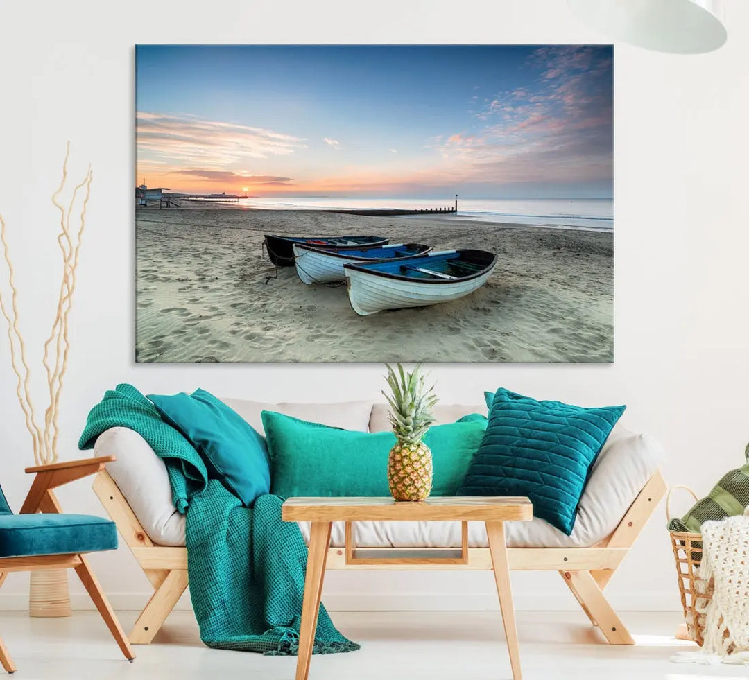 Small Boats on Beach Sunset Wall Art Canvas Print Coastal Wall Decor