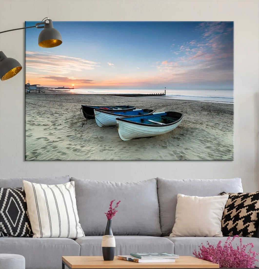 Small Boats on Beach Sunset Wall Art Canvas Print Coastal Wall Decor