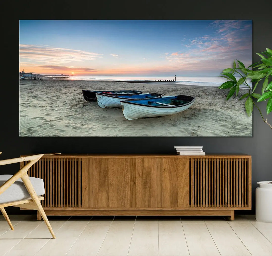 Small Boats on Beach Sunset Wall Art Canvas Print Coastal Wall Decor