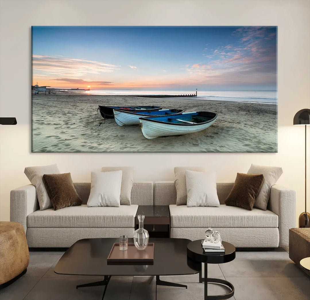 Small Boats on Beach Sunset Wall Art Canvas Print Coastal Wall Decor