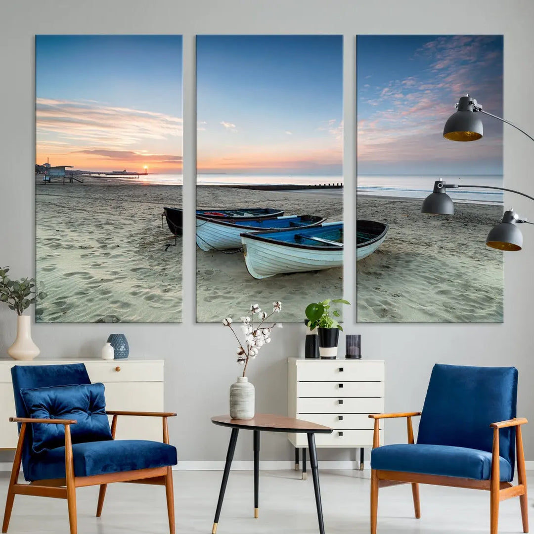 Small Boats on Beach Sunset Wall Art Canvas Print Coastal Wall Decor