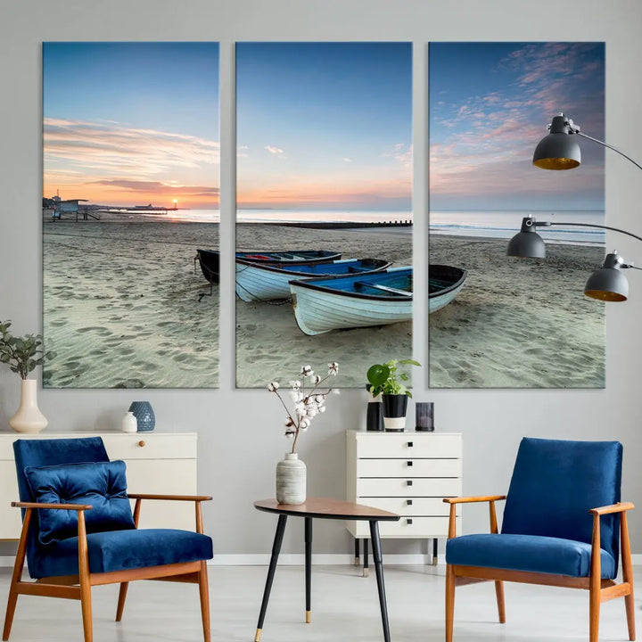 Small Boats on Beach Sunset Wall Art Canvas Print Coastal Wall Decor