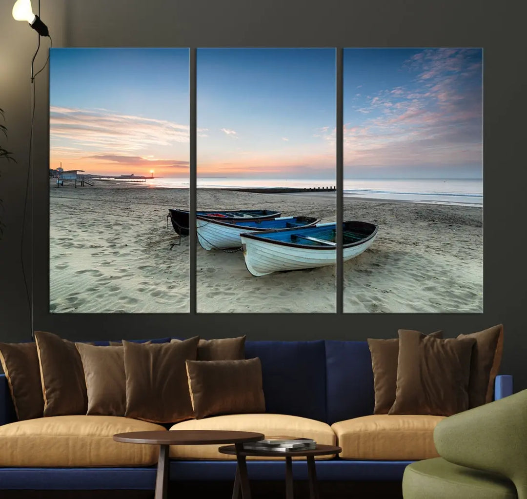 Small Boats on Beach Sunset Wall Art Canvas Print Coastal Wall Decor