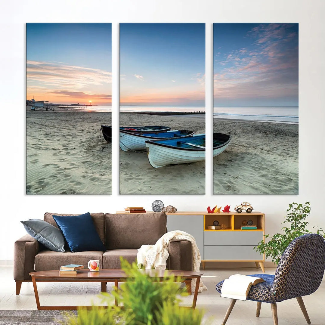 Small Boats on Beach Sunset Wall Art Canvas Print Coastal Wall Decor