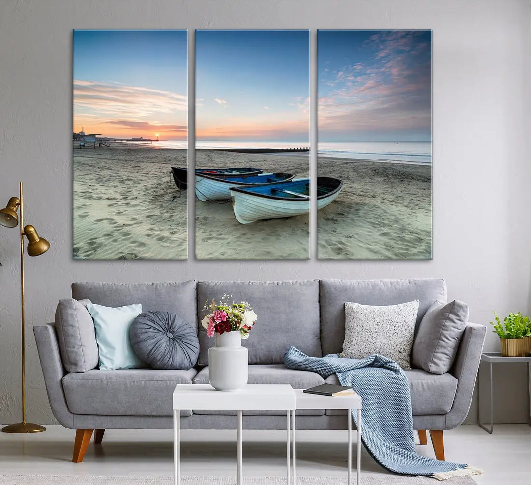 Small Boats on Beach Sunset Wall Art Canvas Print Coastal Wall Decor