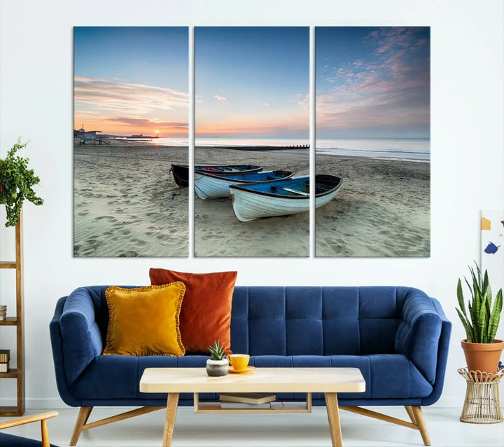 Small Boats on Beach Sunset Wall Art Canvas Print Coastal Wall Decor