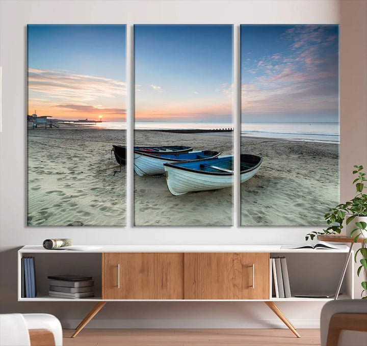 Small Boats on Beach Sunset Wall Art Canvas Print Coastal Wall Decor