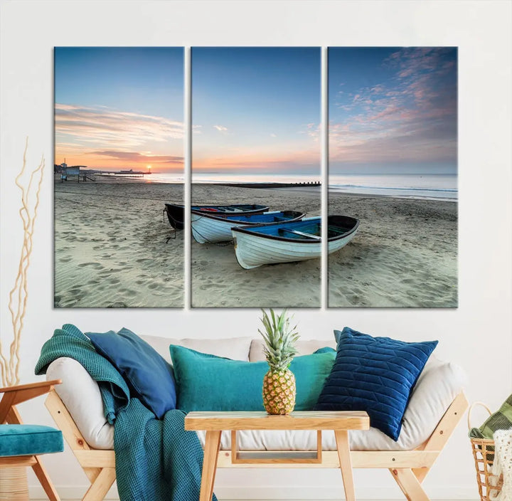 Small Boats on Beach Sunset Wall Art Canvas Print Coastal Wall Decor