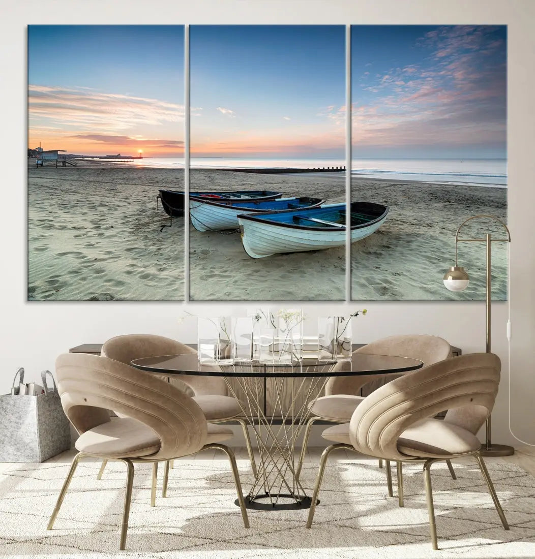 Small Boats on Beach Sunset Wall Art Canvas Print Coastal Wall Decor