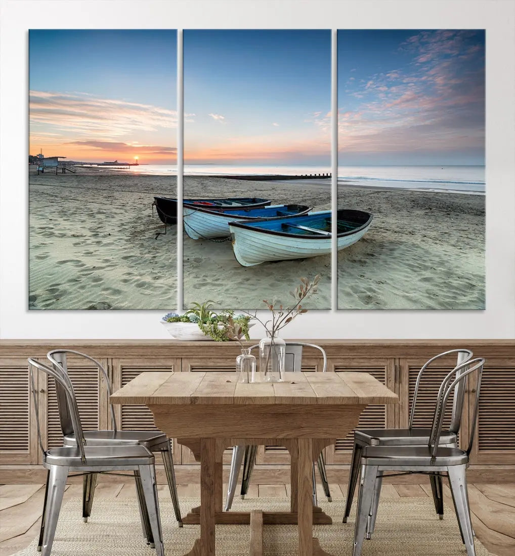 Small Boats on Beach Sunset Wall Art Canvas Print Coastal Wall Decor