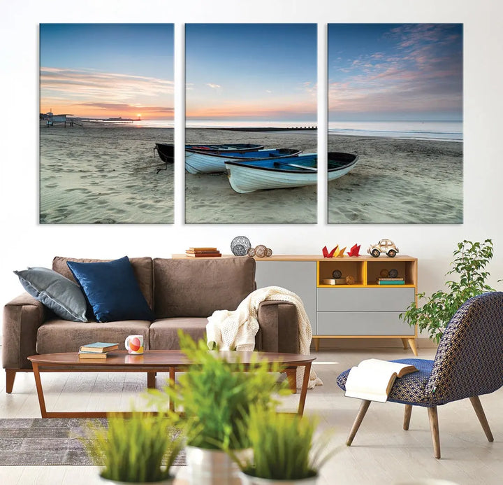 Small Boats on Beach Sunset Wall Art Canvas Print Coastal Wall Decor