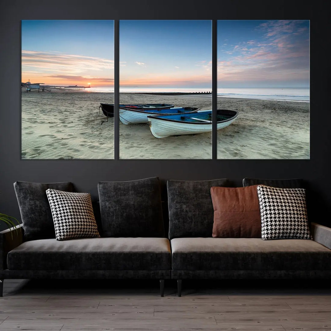 Small Boats on Beach Sunset Wall Art Canvas Print Coastal Wall Decor