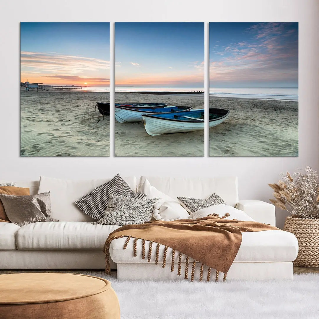 Small Boats on Beach Sunset Wall Art Canvas Print Coastal Wall Decor