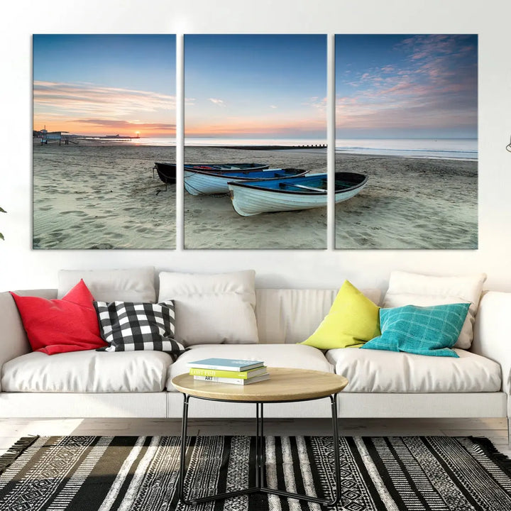 Small Boats on Beach Sunset Wall Art Canvas Print Coastal Wall Decor