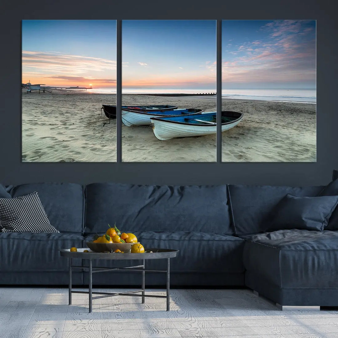 Small Boats on Beach Sunset Wall Art Canvas Print Coastal Wall Decor