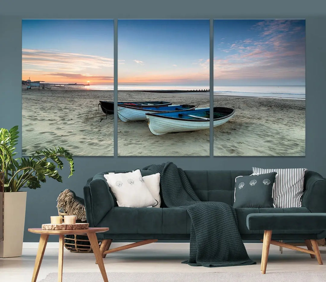 Small Boats on Beach Sunset Wall Art Canvas Print Coastal Wall Decor