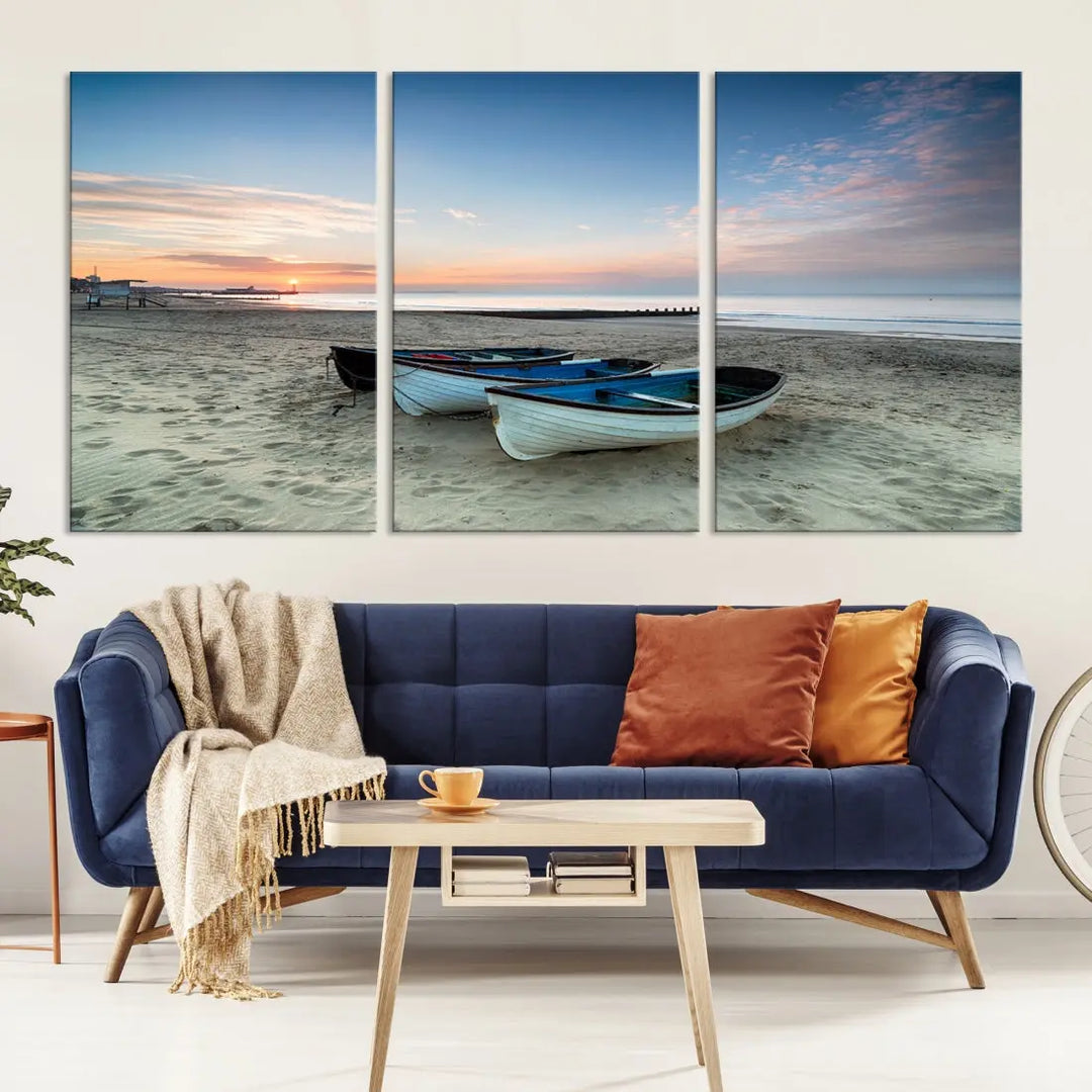 Small Boats on Beach Sunset Wall Art Canvas Print Coastal Wall Decor