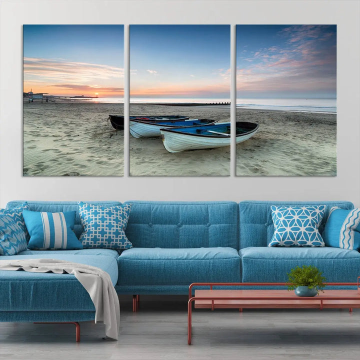 Small Boats on Beach Sunset Wall Art Canvas Print Coastal Wall Decor