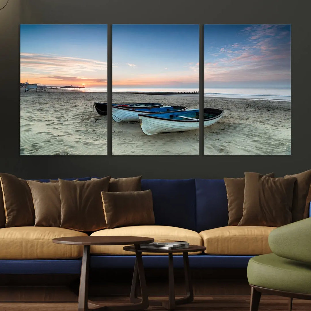 Small Boats on Beach Sunset Wall Art Canvas Print Coastal Wall Decor