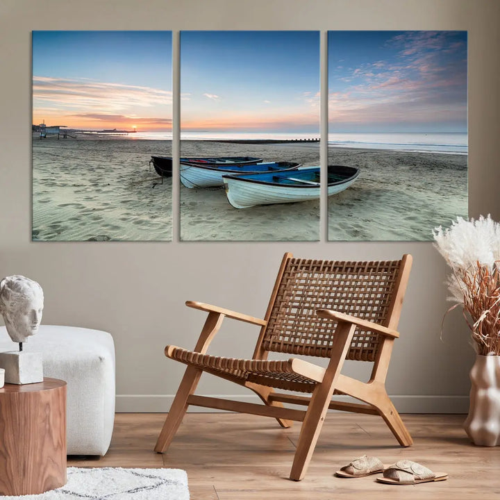 Small Boats on Beach Sunset Wall Art Canvas Print Coastal Wall Decor